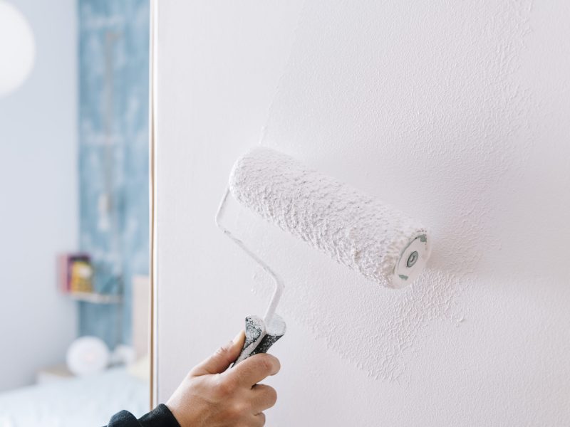 hand painting a wall in white with a roller, home decoration and renovation concept, horizontal photo with copy space for text