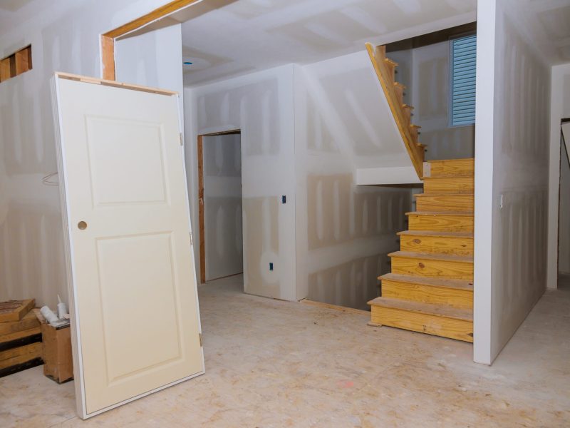 walls plasterboards with room under construction with finishing putty in the room