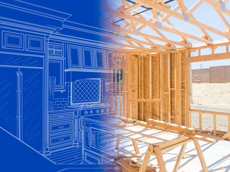 Custom Kitchen Blueprint Design Drawing Gradating Into House Construction Framing.